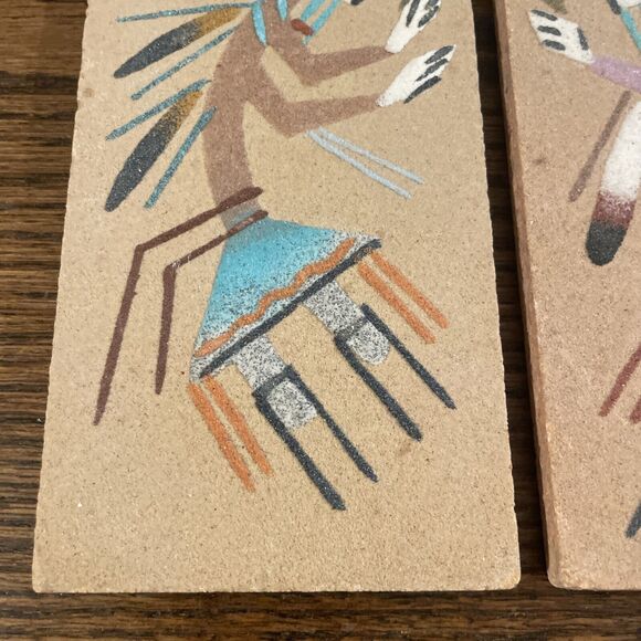 Pair Navajo Sand Art Painting  American Southwest Vintage On Wood MCM - Picture 2 of 9